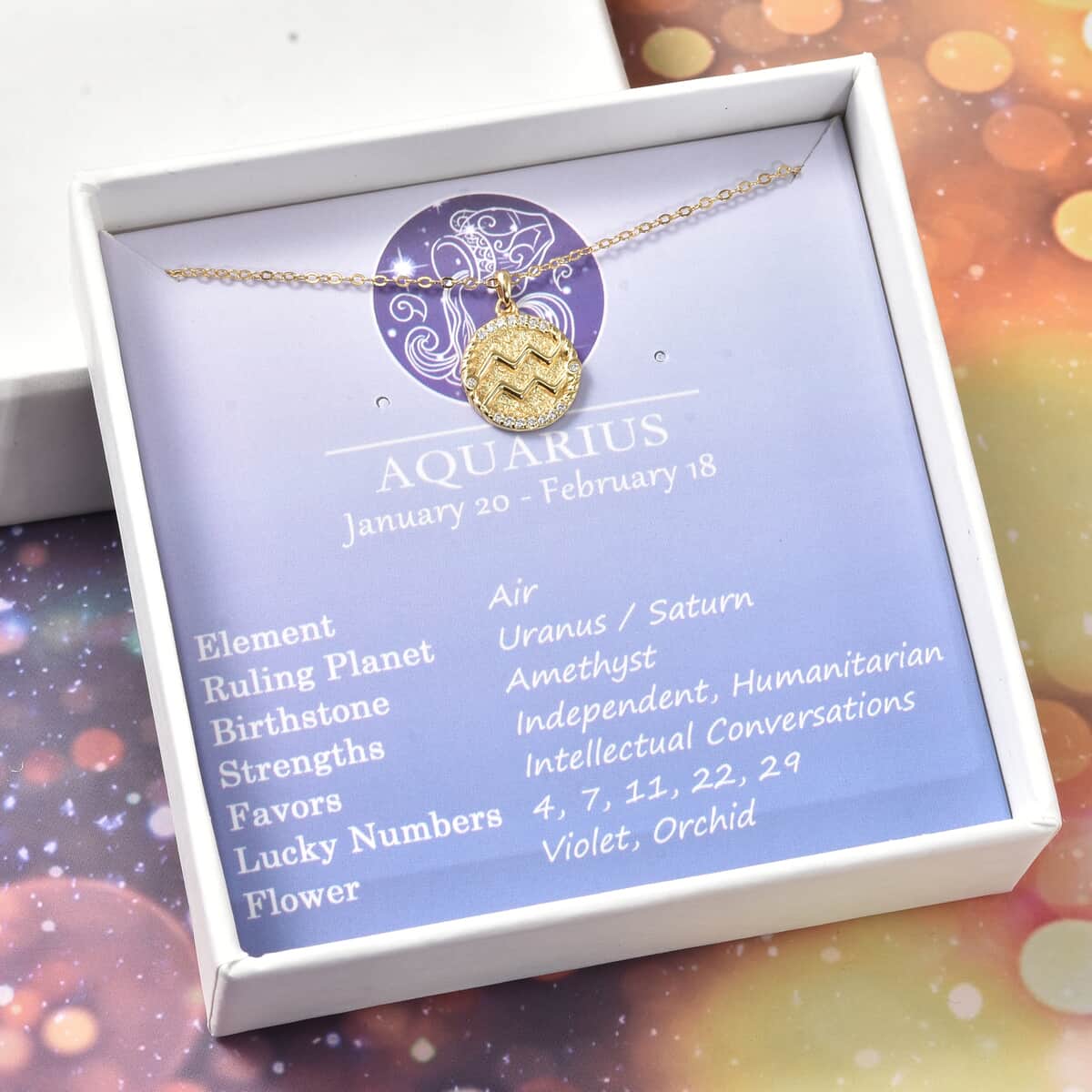 All About Aquarius Zodiac Gift Box with Simulated Diamond Aquarius Symbol Necklace 17 Inches in 14K Yellow Gold Over Sterling Silver 0.30 ctw image number 0