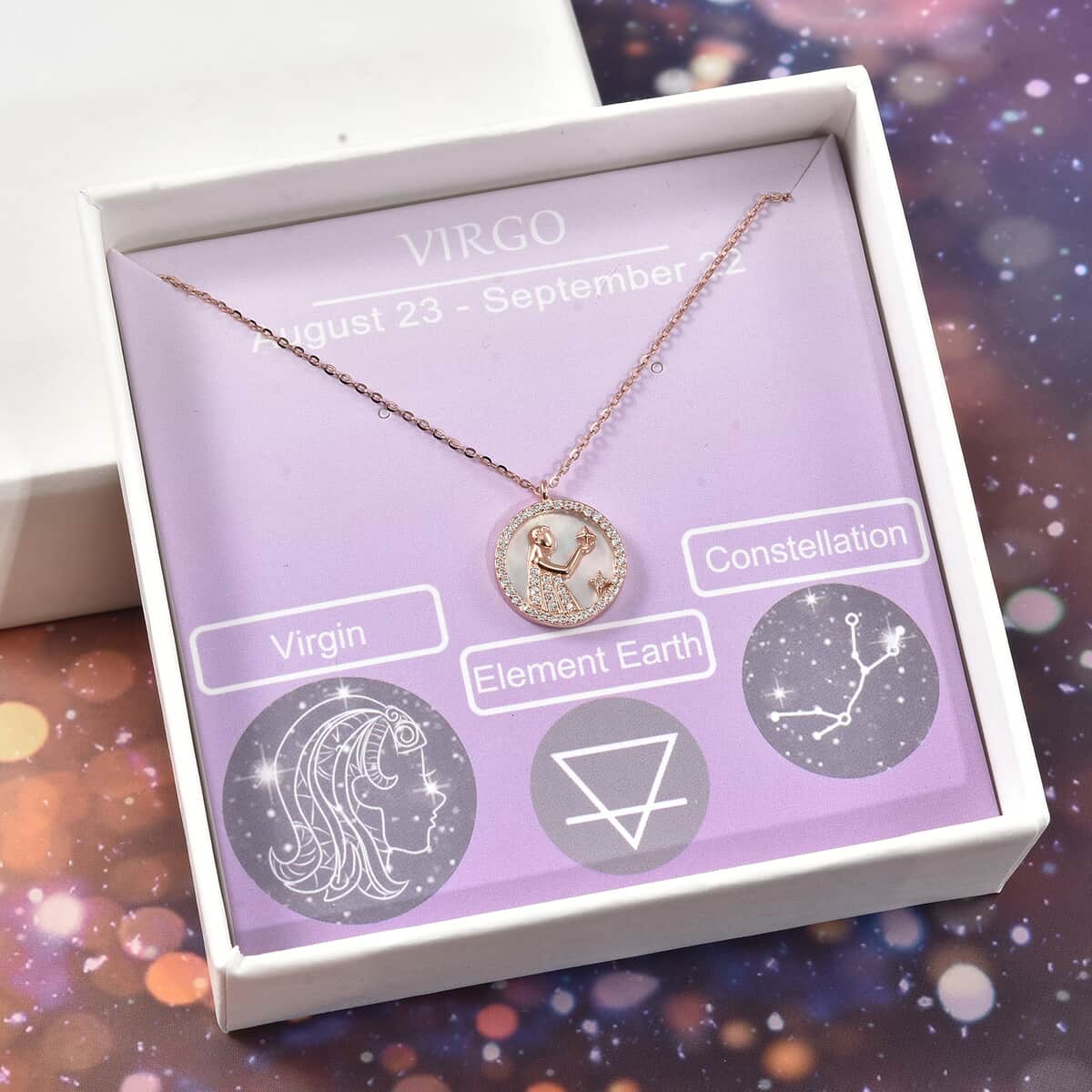 White Mother Of Pearl and Simulated Diamond Virgo Zodiac Necklace 17.50 Inches in 14K Rose Gold Over Sterling Silver 0.50 ctw image number 0