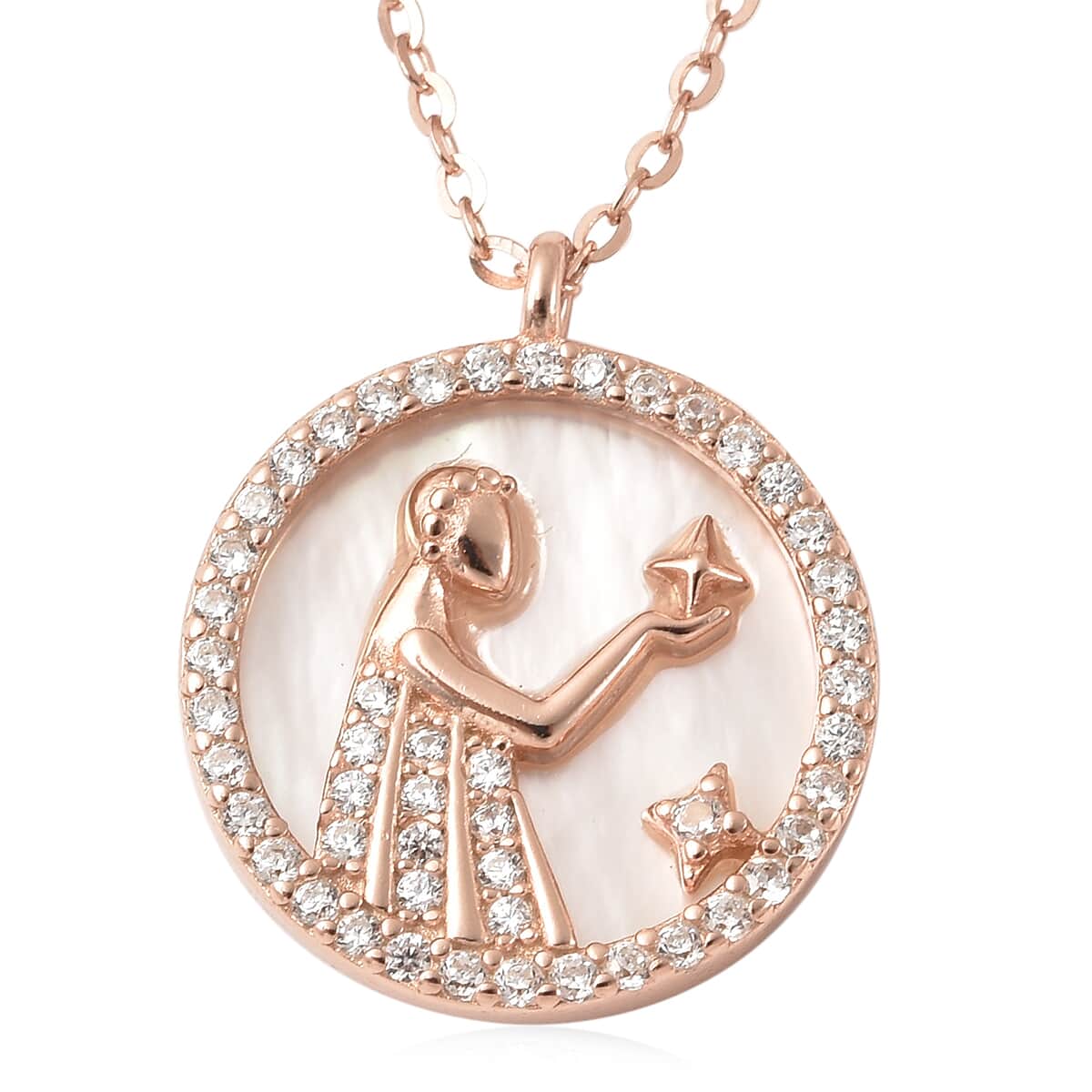 White Mother Of Pearl and Simulated Diamond Virgo Zodiac Necklace 17.50 Inches in 14K Rose Gold Over Sterling Silver 0.50 ctw image number 1