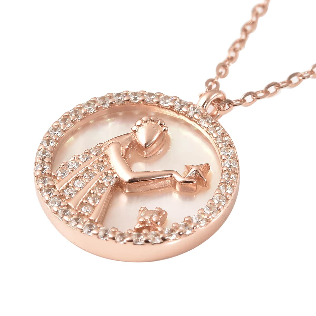 White Mother Of Pearl and Simulated Diamond Virgo Zodiac Necklace 17.50 Inches in 14K Rose Gold Over Sterling Silver 0.50 ctw image number 3