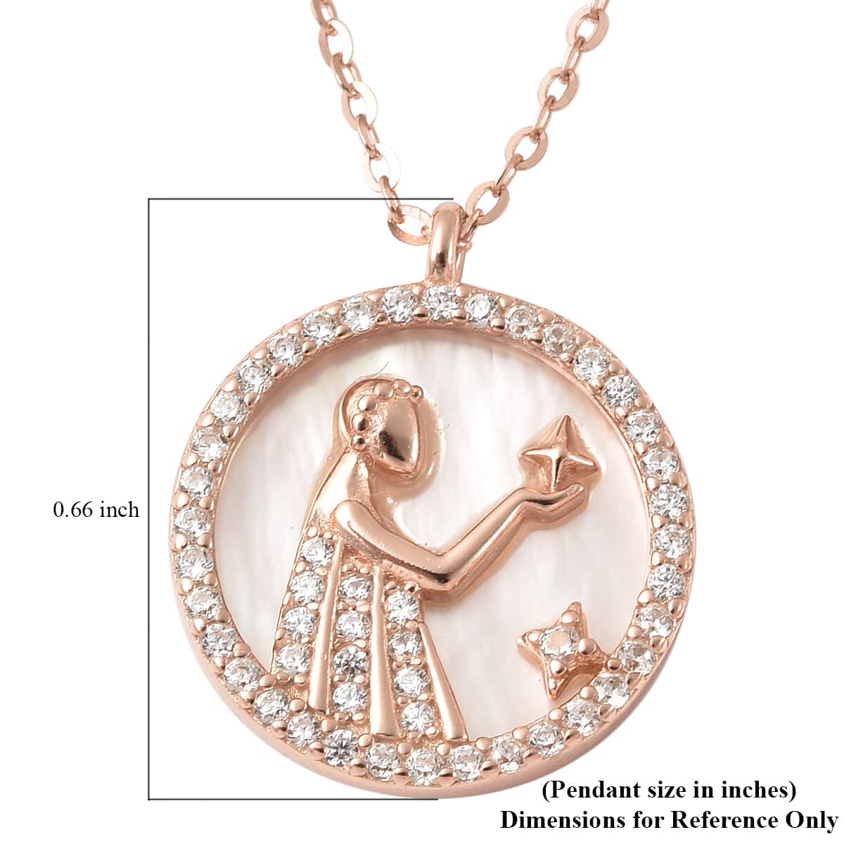 White Mother Of Pearl and Simulated Diamond Virgo Zodiac Necklace 17.50 Inches in 14K Rose Gold Over Sterling Silver 0.50 ctw image number 6