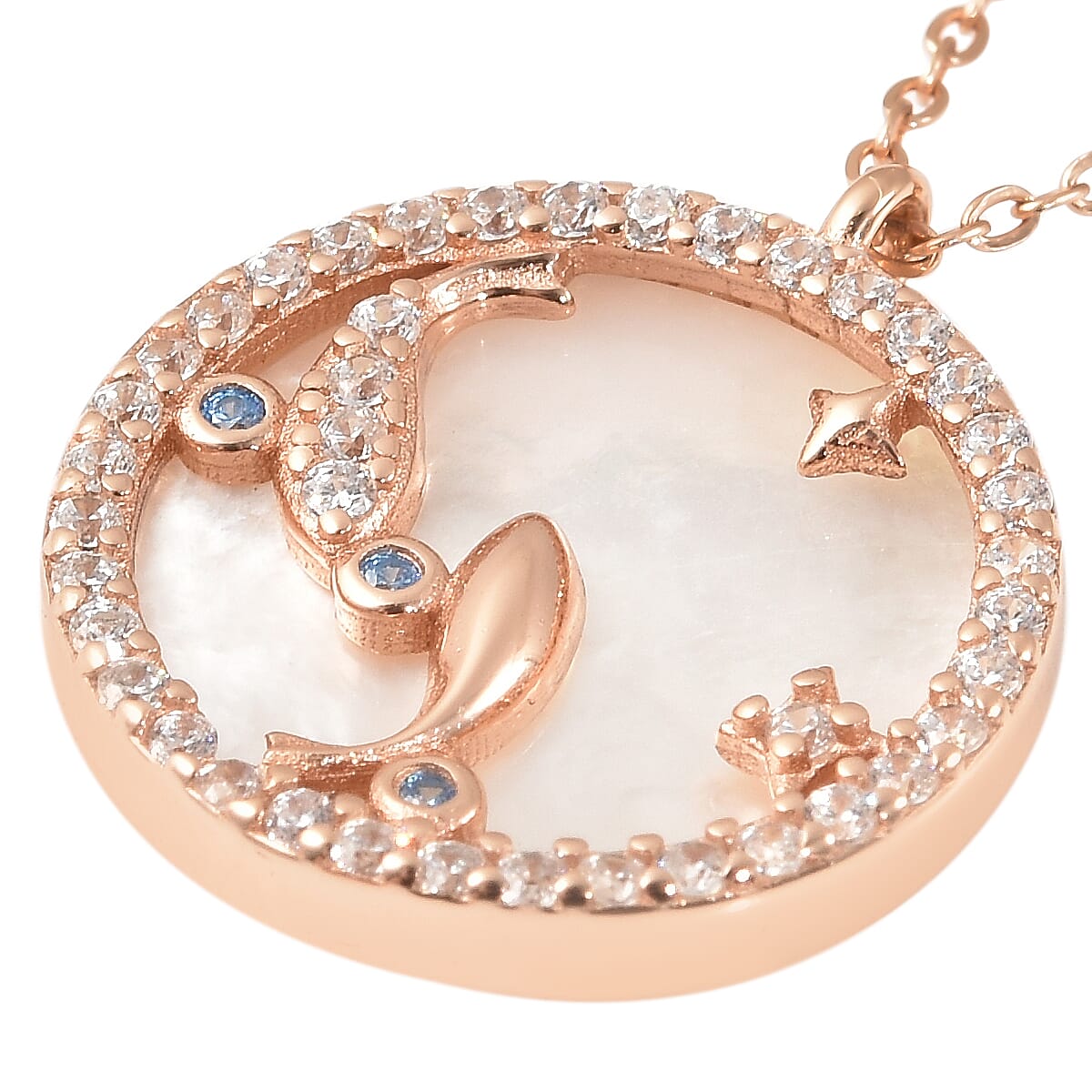 Pisces Zodiac Jewelry Gift Box with White Mother Of Pearl and Simulated Diamond Necklace 17.50 Inches in 14K RG Over Sterling Silver 0.45 ctw image number 3