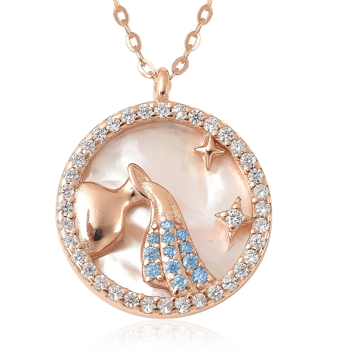 White Mother Of Pearl and Simulated White & Blue Diamond Aquarius Zodiac Necklace 17.50 Inches in 14K Rose Gold Over Sterling Silver 0.50 ctw image number 1