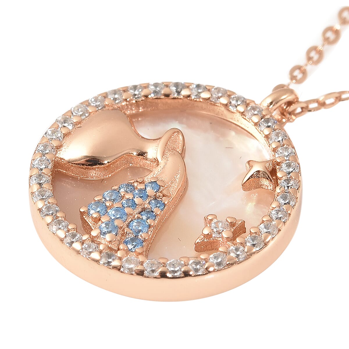 White Mother Of Pearl and Simulated White & Blue Diamond Aquarius Zodiac Necklace 17.50 Inches in 14K Rose Gold Over Sterling Silver 0.50 ctw image number 3