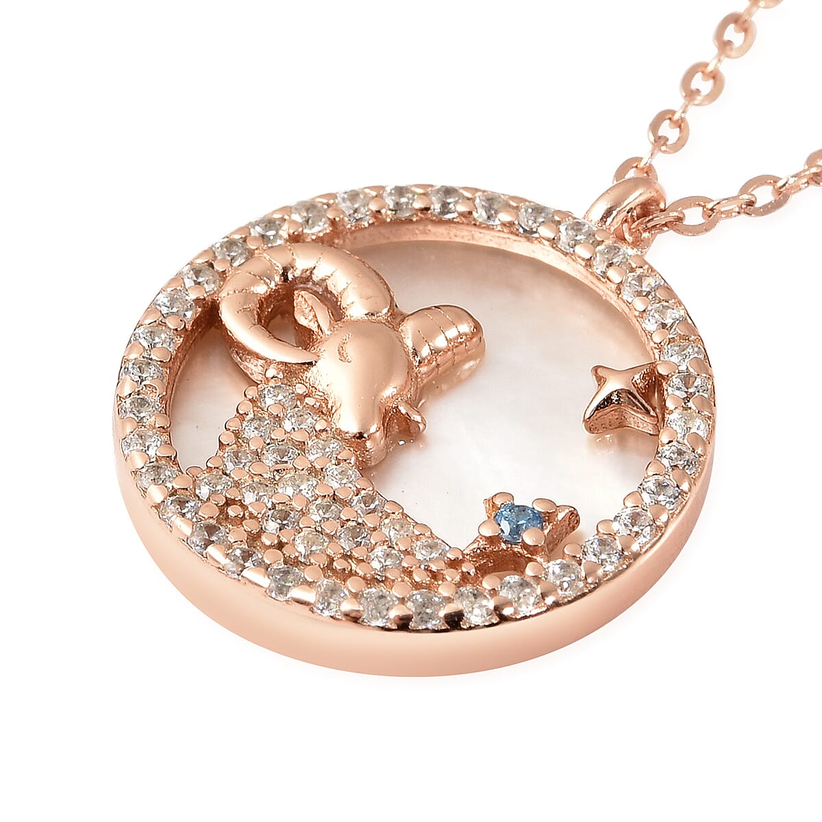 Aries Zodiac Jewelry Gift Box with White Mother Of Pearl, Simulated White and Blue Diamond Necklace 17.50In in 14K RG Over Sterling Silver 0.50 ctw image number 3