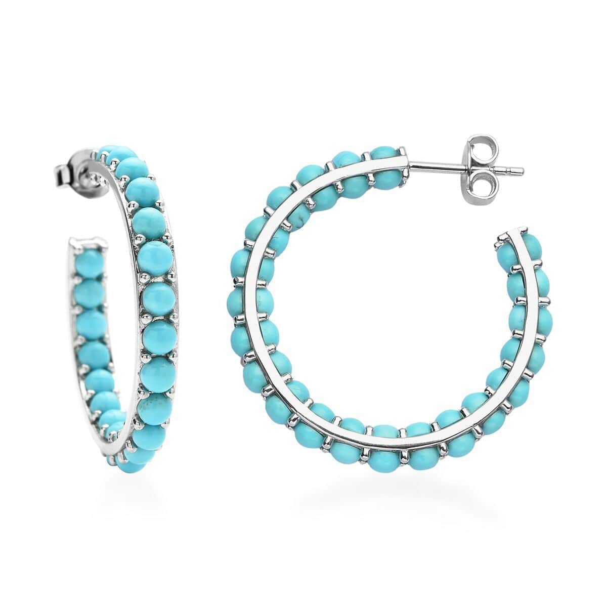 AMERICAN Natural Sleeping Beauty Turquoise Hoop Earrings in Rhodium Over Sterling Silver 8.40 ctw image number 0