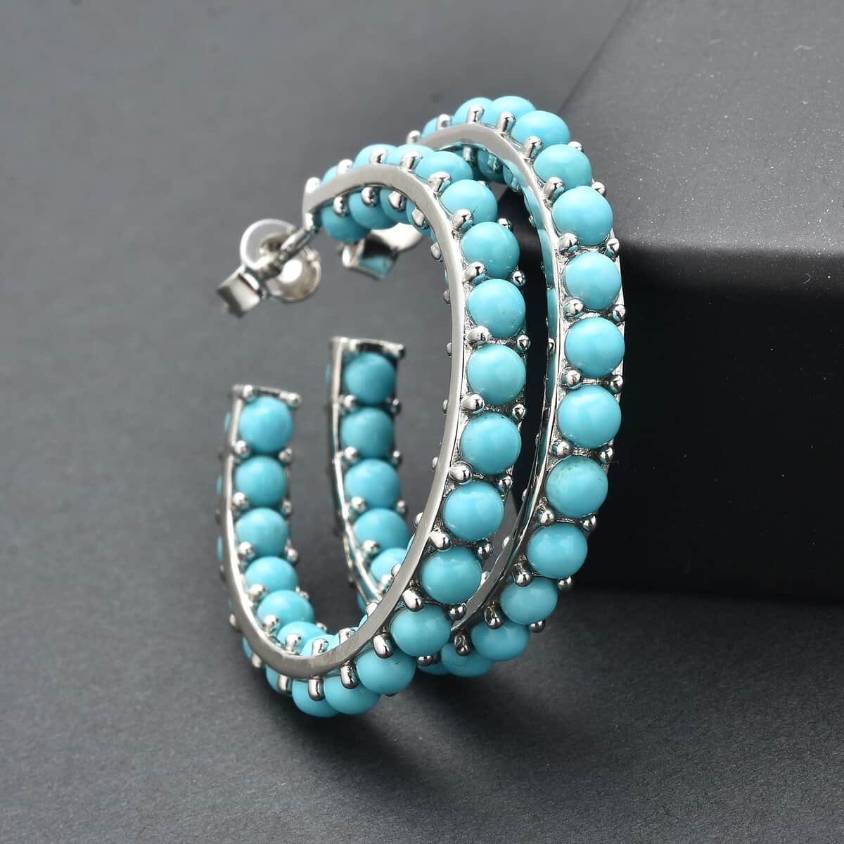 AMERICAN Natural Sleeping Beauty Turquoise Hoop Earrings in Rhodium Over Sterling Silver 8.40 ctw image number 1