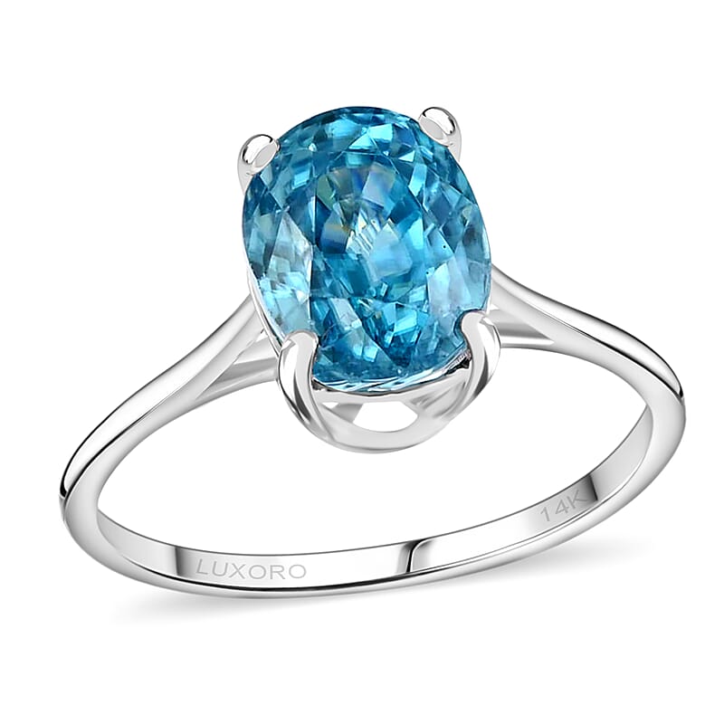 Luxoro 14K White Gold AAAA Cambodian Blue Zircon Solitaire Ring (Size 6.0) 3.50 ctw