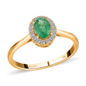 Iliana 18K Yellow Gold AAA Ethiopian Emerald and G-H SI Diamond Halo Ring (Size 6.0) 3.40 Grams 1.00 ctw