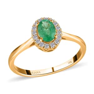 Iliana 18K Yellow Gold AAA Ethiopian Emerald and G-H SI Diamond Halo Ring (Size 7.0) 1.00 ctw