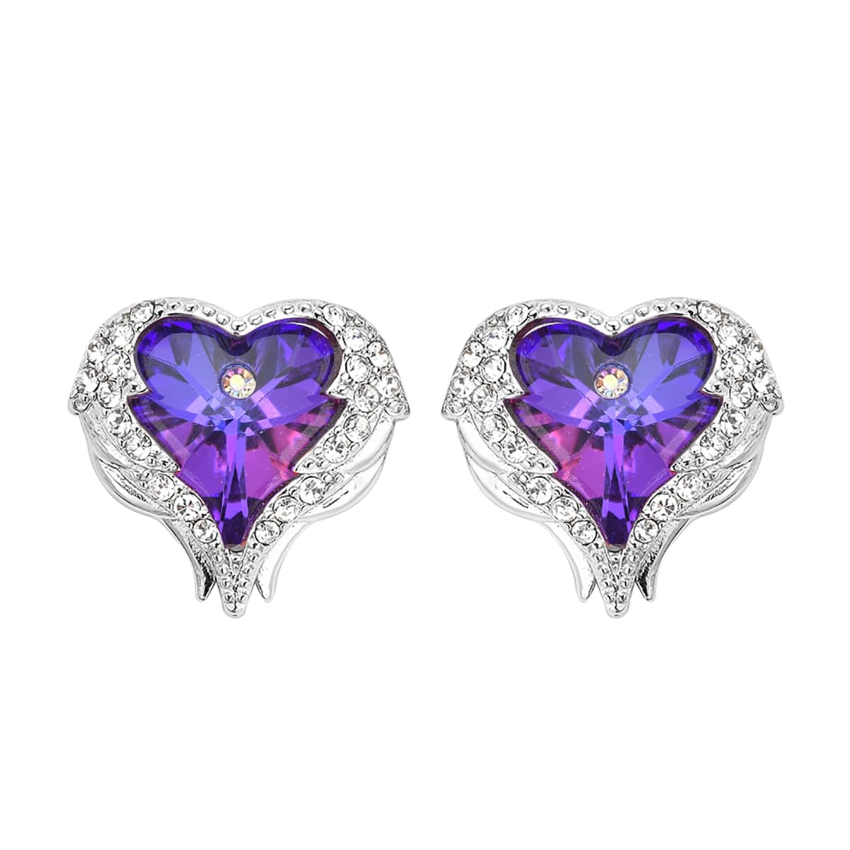 Angel Wing Austrian Purple, White & Aurora Borealis Crystal Heart Earrings in Rhodium Over Sterling Silver Jewelry image number 0