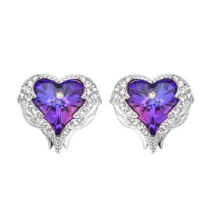 Angel Wing Austrian Purple, White & Aurora Borealis Crystal Heart Earrings in Rhodium Over Sterling Silver Jewelry