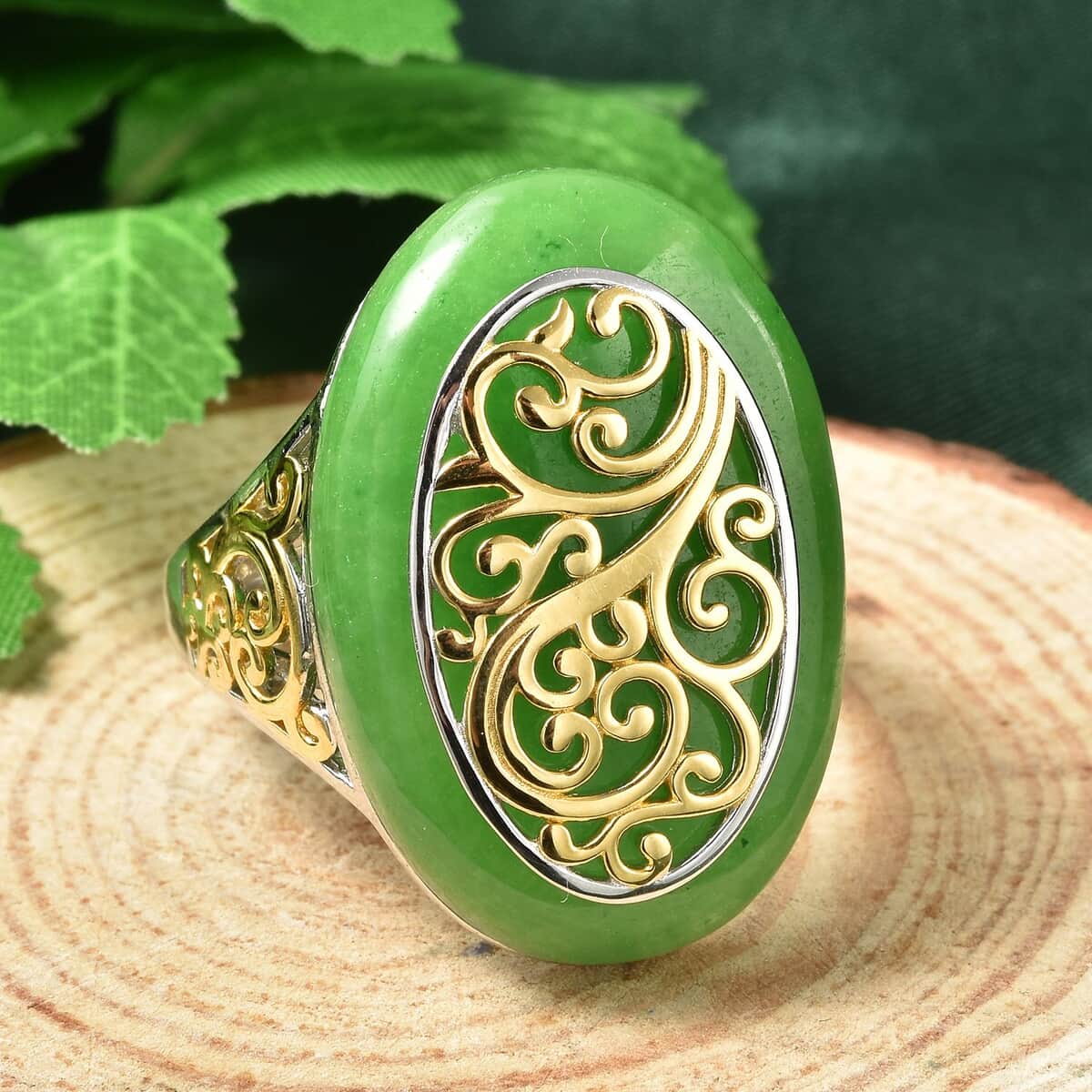 Green Jade Ring in Vermeil Yellow Gold and Rhodium Over Sterling Silver 34.50 ctw image number 1