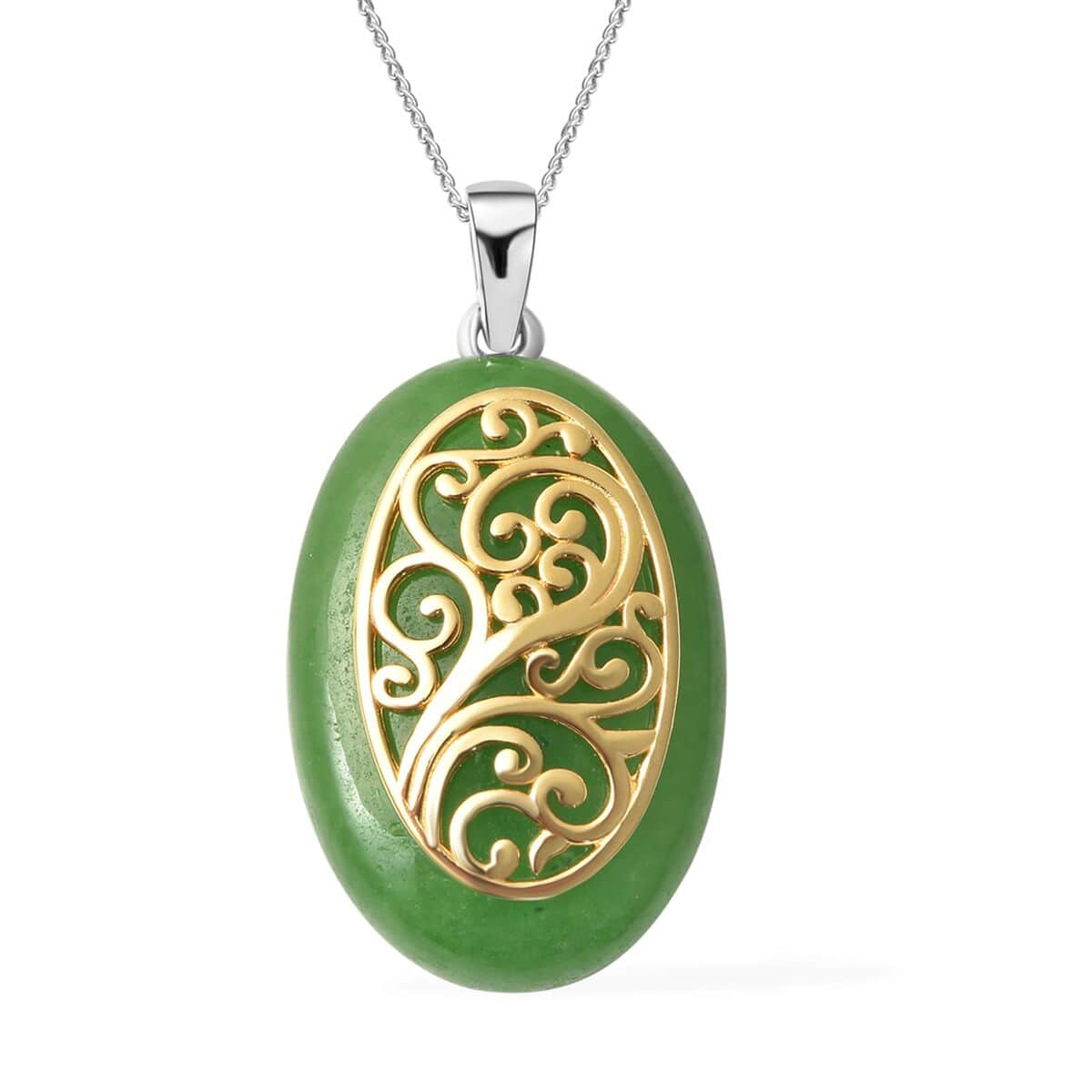 Green Jade (D) Pendant Necklace 18 Inches in Vermeil Yellow Gold and Rhodium Over Sterling Silver 34.25 ctw image number 0
