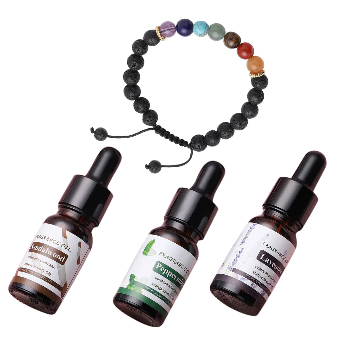 The Seven Chakras Multi Gemstone, Lava Stone Beaded Stretch Bracelet with 3 Essentials Oils- Lavender, Peppermint, and Sandalwood 76.50 ctw image number 0