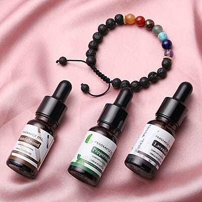 The Seven Chakras Multi Gemstone, Lava Stone Beaded Stretch Bracelet with 3 Essentials Oils- Lavender, Peppermint, and Sandalwood 76.50 ctw