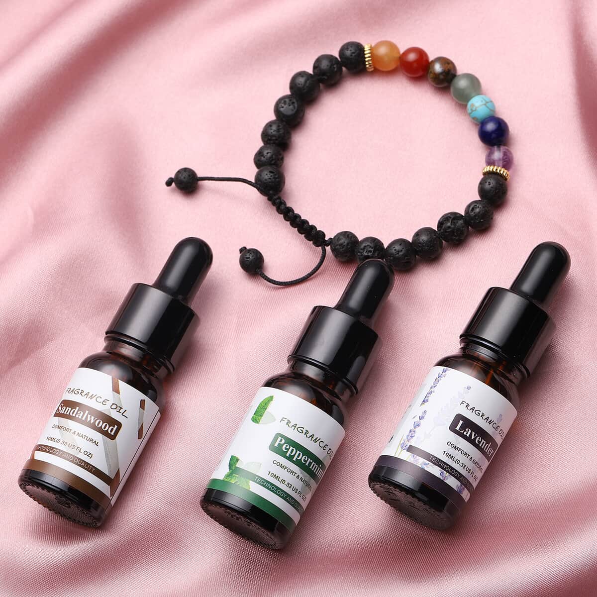 The Seven Chakras Multi Gemstone, Lava Stone Beaded Stretch Bracelet with 3 Essentials Oils- Lavender, Peppermint, and Sandalwood 76.50 ctw image number 1