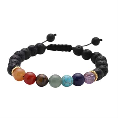The Seven Chakras Multi Gemstone, Lava Stone Beaded Stretch Bracelet with 3 Essentials Oils- Lavender, Peppermint, and Sandalwood 76.50 ctw image number 2
