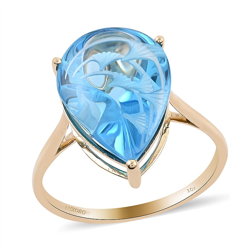 Certified 10K Yellow Gold Fancy Hand Carved AAA Electric Blue Topaz Solitaire Ring (Size 10.0) 9.10 ctw