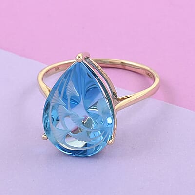 Certified 10K Yellow Gold Fancy Hand Carved AAA Electric Blue Topaz Solitaire Ring (Size 10.0) 9.10 ctw