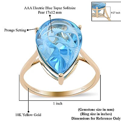 Certified 10K Yellow Gold Fancy Hand Carved AAA Electric Blue Topaz Solitaire Ring (Size 10.0) 9.10 ctw