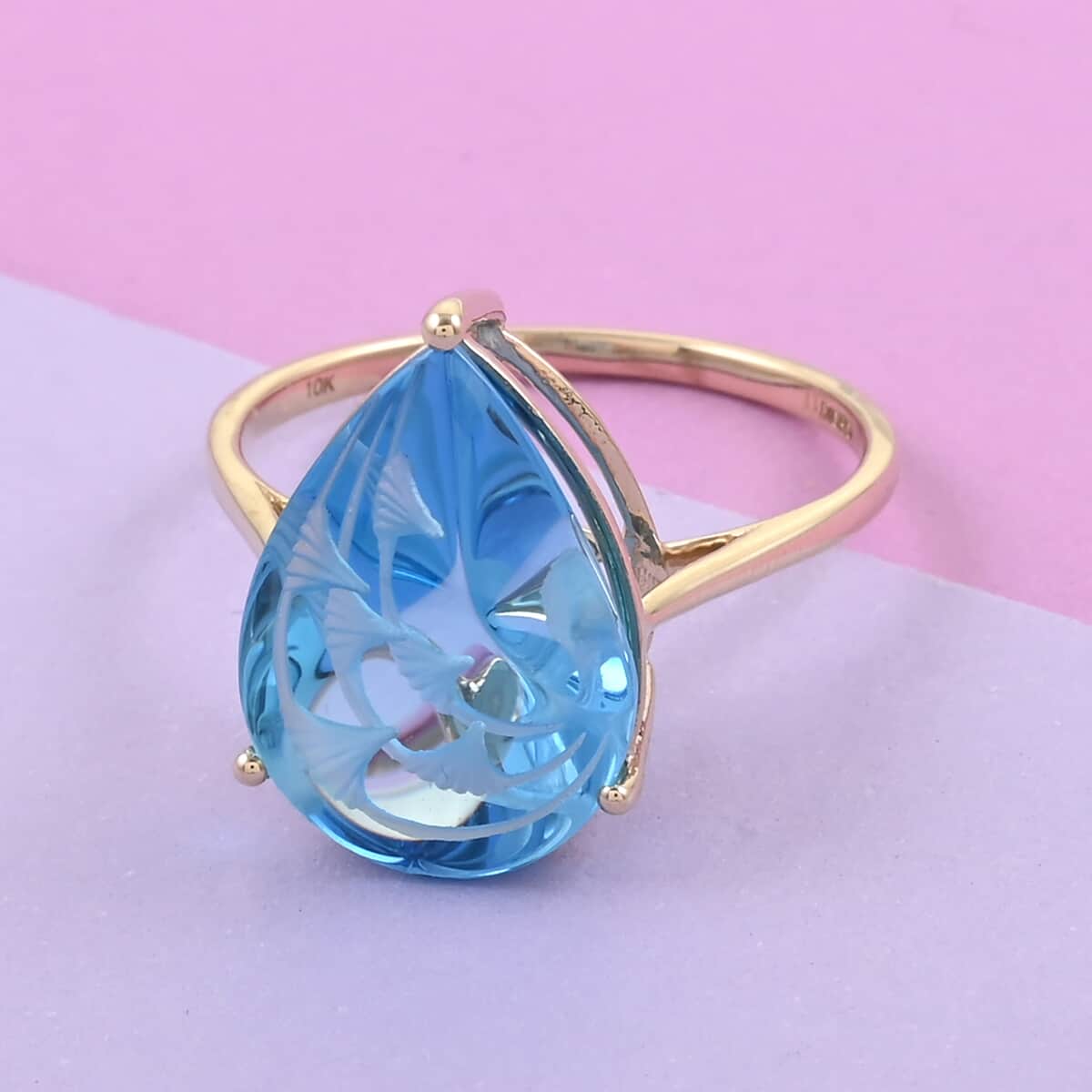 Certified & Appraised Luxoro 10K Yellow Gold Fancy Hand Carved AAA Electric Blue Topaz Solitaire Ring (Size 6.0) 9.10 ctw image number 1