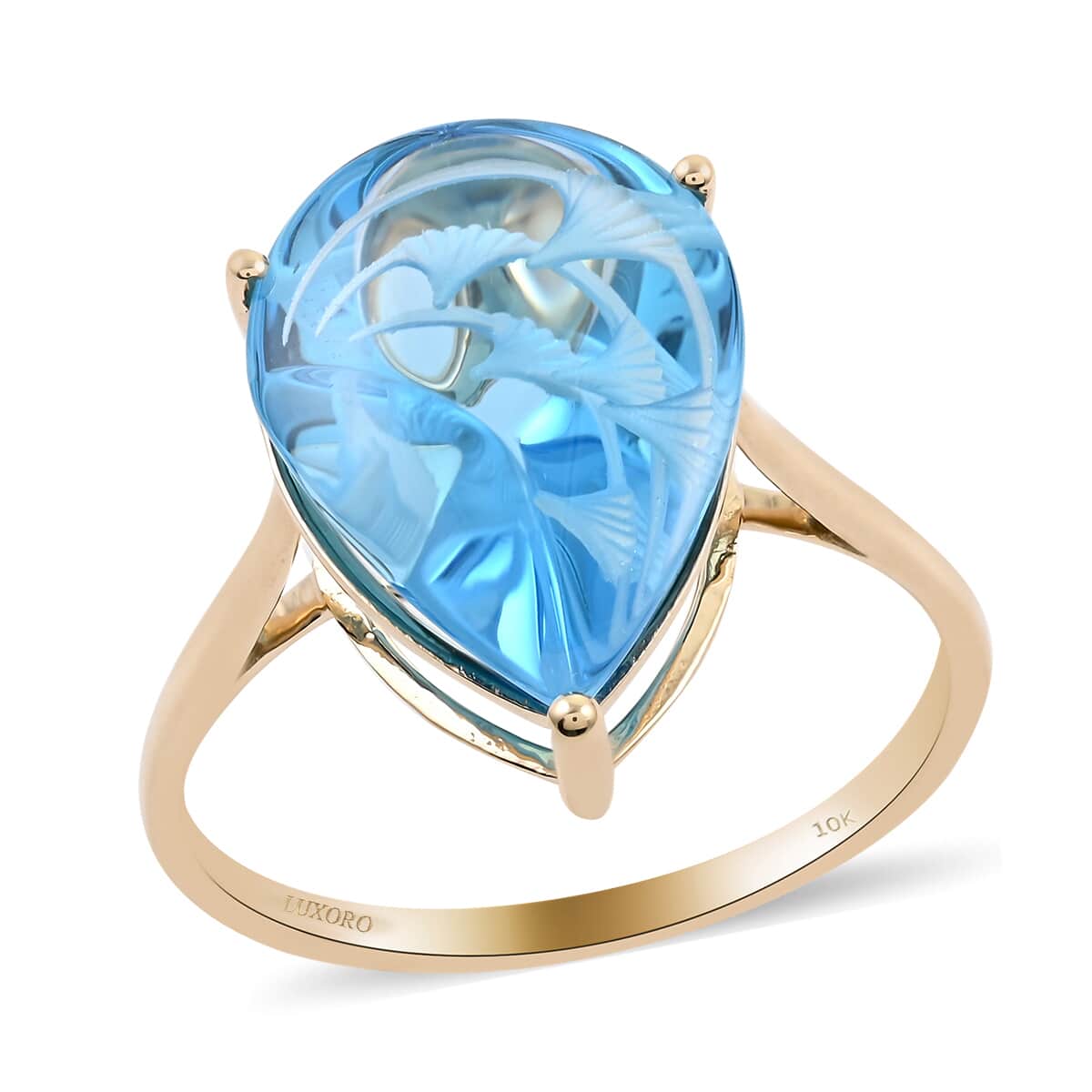 Certified & Appraised Luxoro 10K Yellow Gold Fancy Hand Carved AAA Electric Blue Topaz Solitaire Ring (Size 7.0) 9.10 ctw image number 0