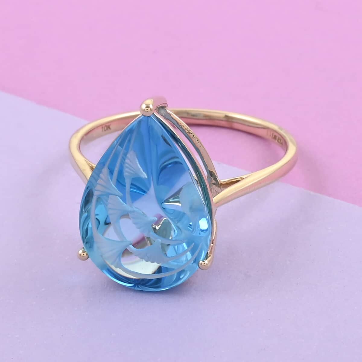 Certified & Appraised Luxoro 10K Yellow Gold Fancy Hand Carved AAA Electric Blue Topaz Solitaire Ring (Size 7.0) 9.10 ctw image number 1