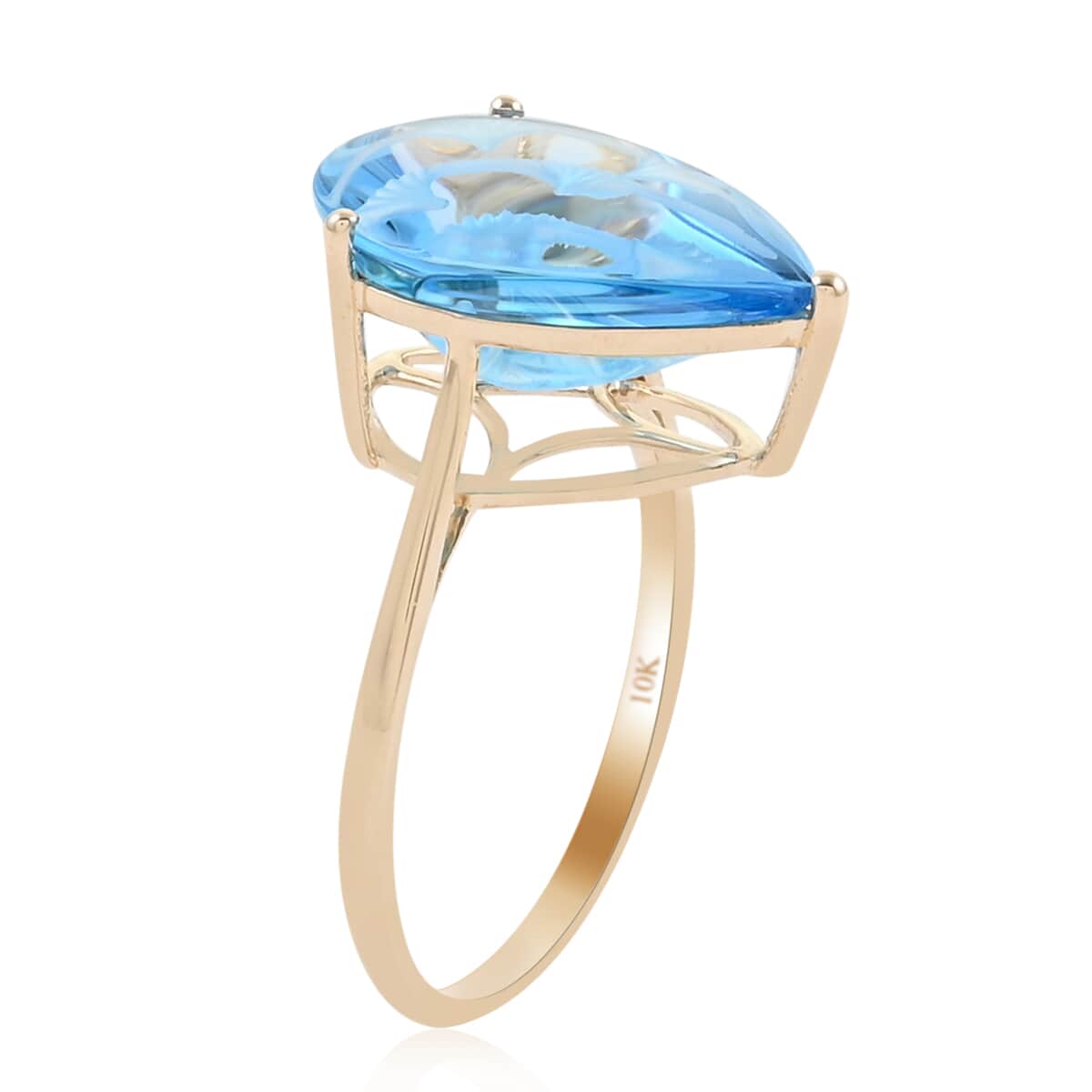 Certified & Appraised Luxoro 10K Yellow Gold Fancy Hand Carved AAA Electric Blue Topaz Solitaire Ring (Size 7.0) 9.10 ctw image number 3