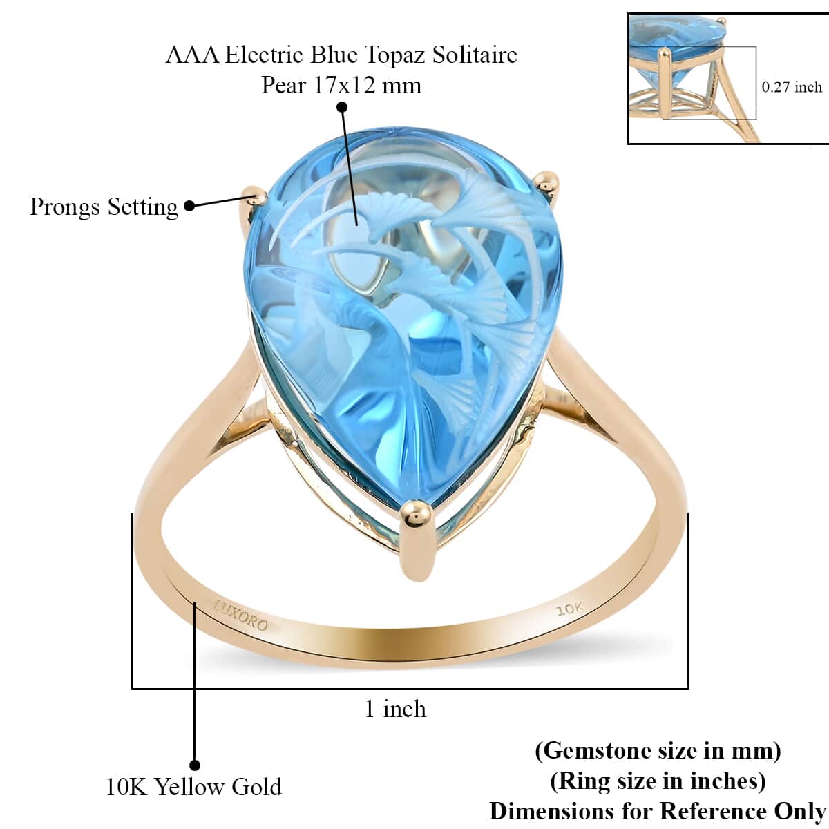 Certified & Appraised Luxoro 10K Yellow Gold Fancy Hand Carved AAA Electric Blue Topaz Solitaire Ring (Size 7.0) 9.10 ctw image number 5