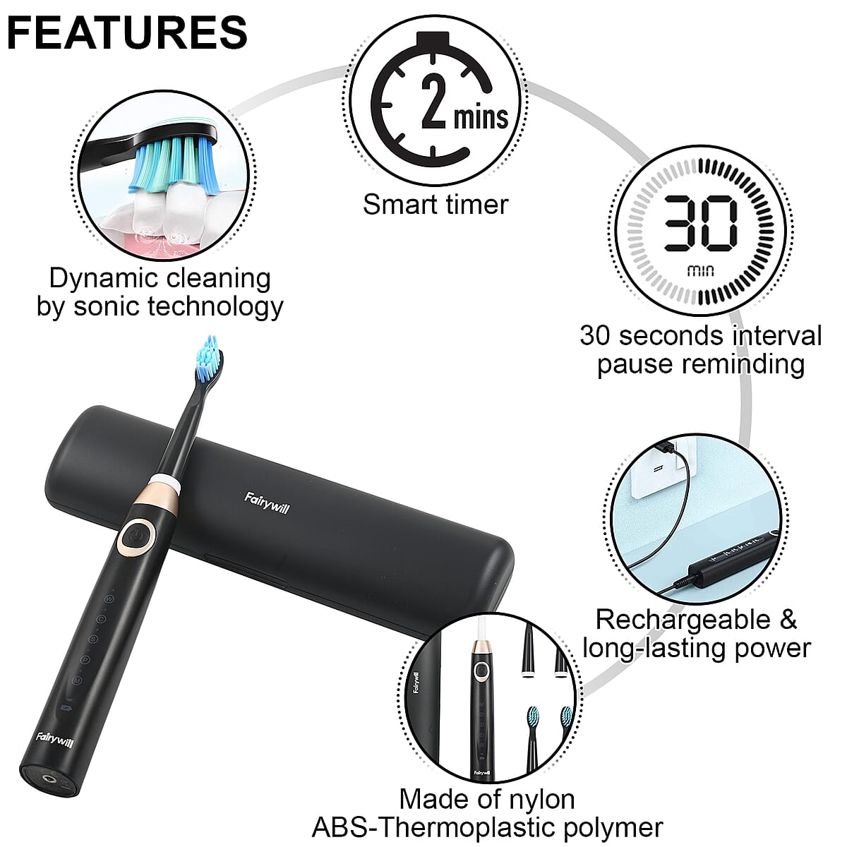 Fairywill Sonic Electric Vibration Toothbrush in Black with 8 Replacement Heads, USB and Travel Case image number 2