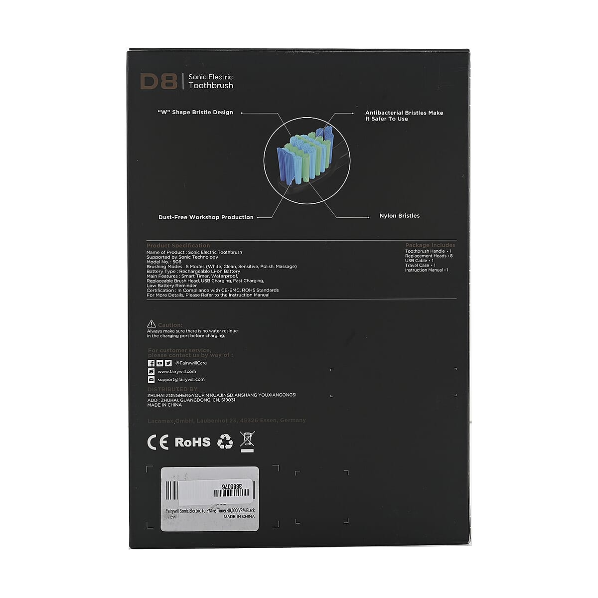 Fairywill Sonic Electric Vibration Toothbrush in Black with 8 Replacement Heads, USB and Travel Case image number 4