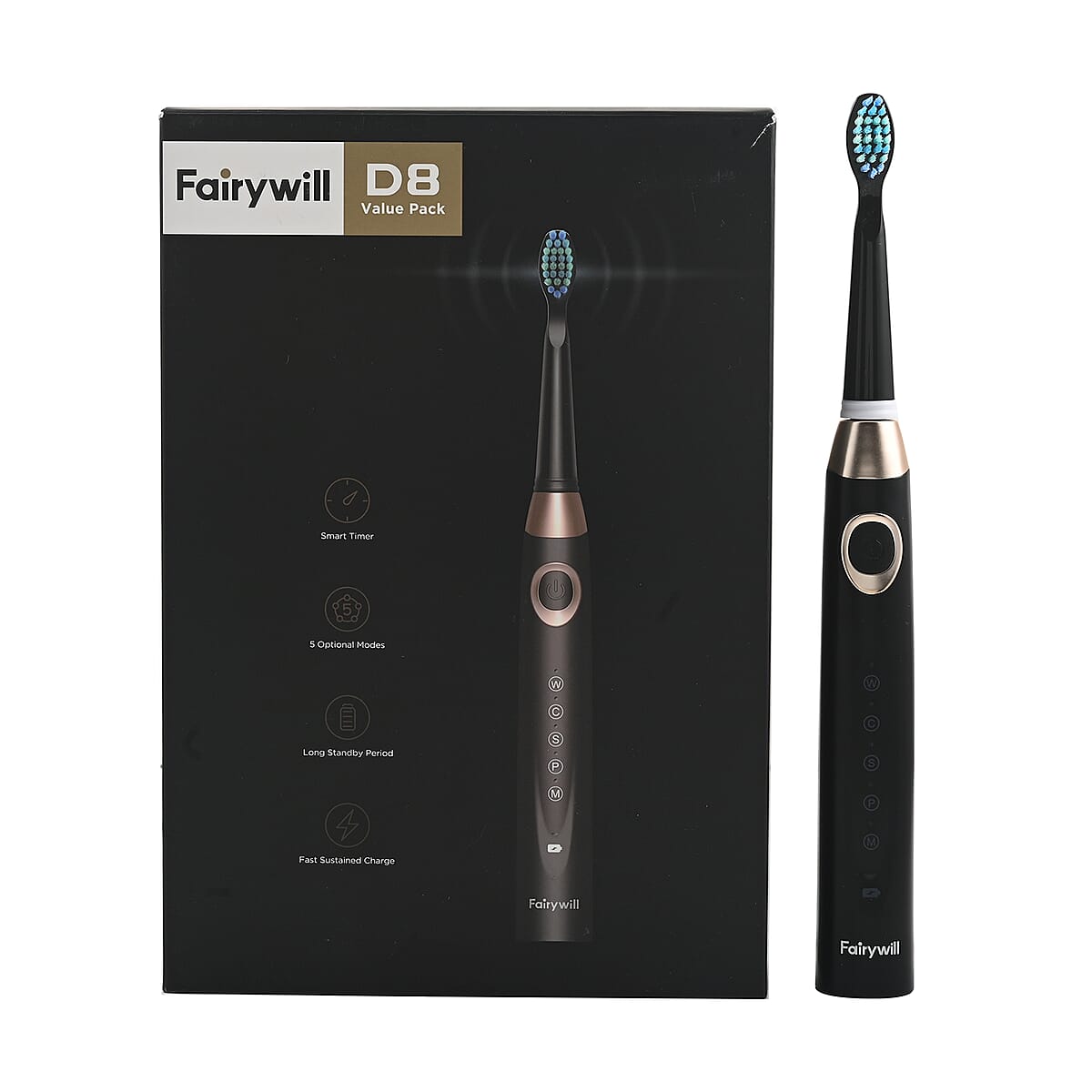 Fairywill Sonic Electric Vibration Toothbrush in Black with 8 Replacement Heads, USB and Travel Case image number 5