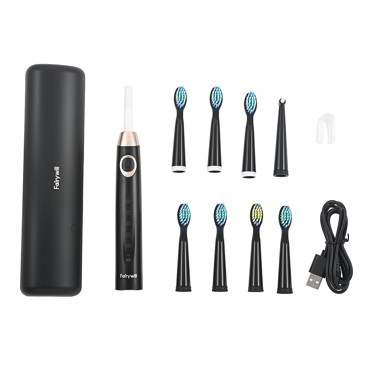 Fairywill Sonic Electric Vibration Toothbrush in Black with 8 Replacement Heads, USB and Travel Case image number 7