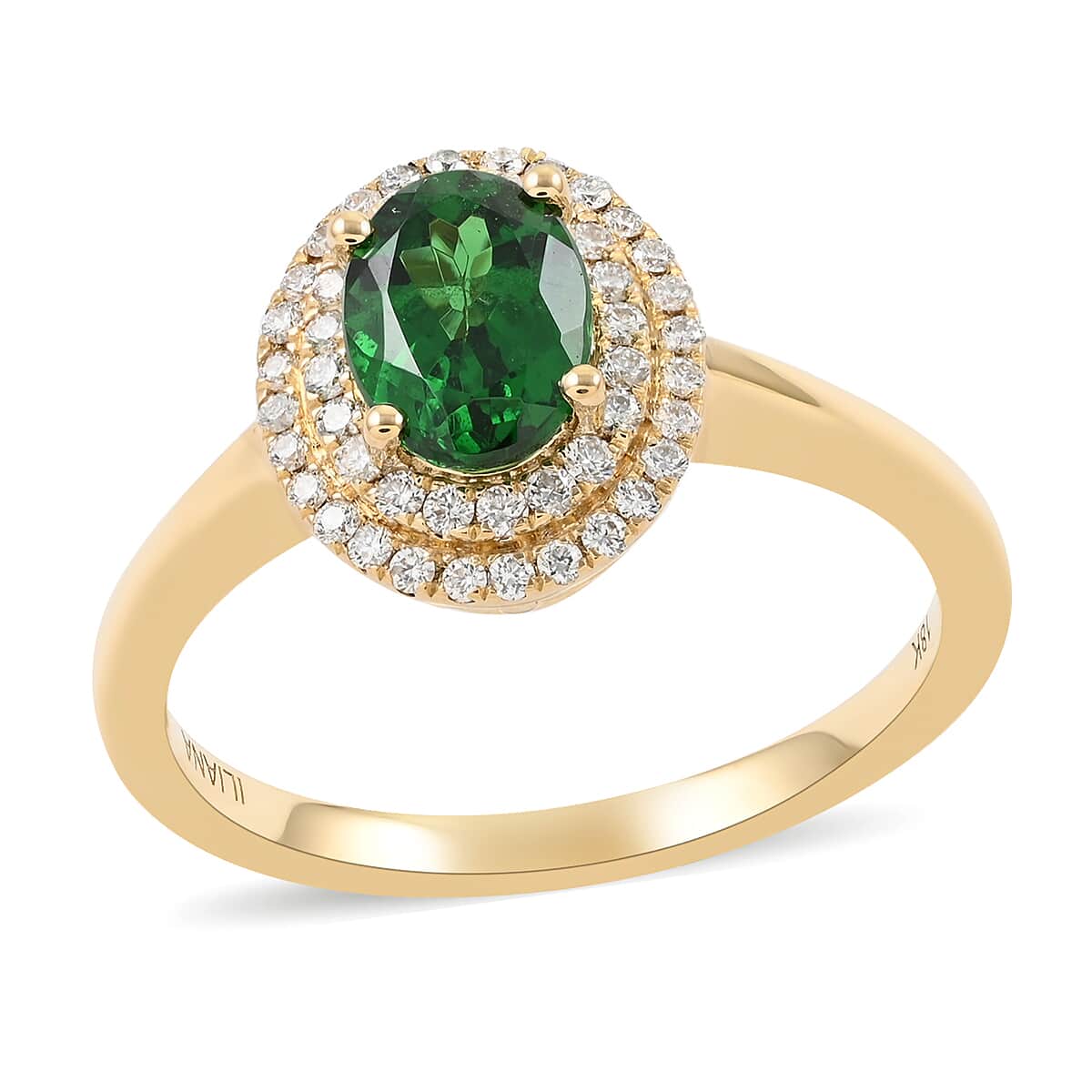 Certified & Appraised ILIANA 18K Yellow Gold AAA Natural Tsavorite Garnet and G-H SI Diamond Double Halo Ring (Size 6.0) 3.50 Grams 1.00 ctw image number 0