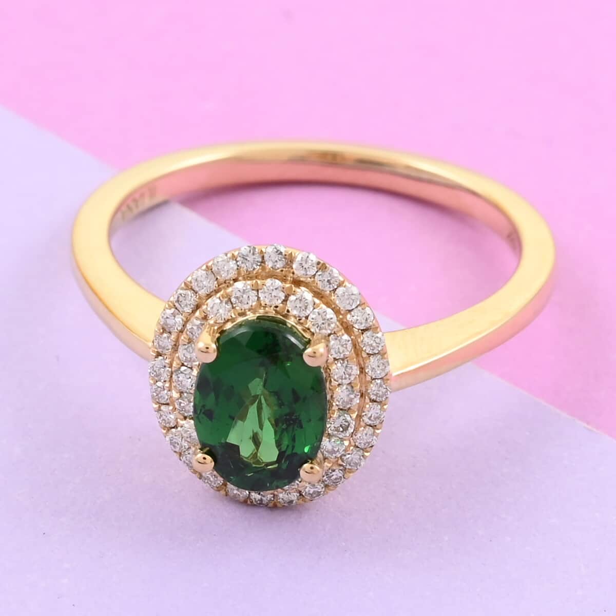 Certified & Appraised ILIANA 18K Yellow Gold AAA Natural Tsavorite Garnet and G-H SI Diamond Double Halo Ring (Size 6.0) 3.50 Grams 1.00 ctw image number 1