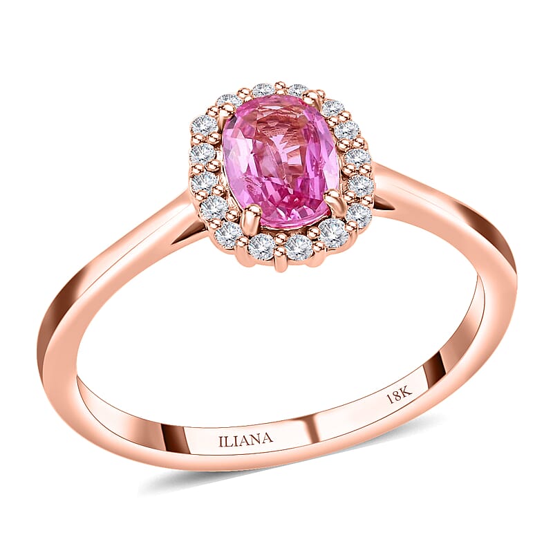 Iliana AAA Madagascar Pink Sapphire and G-H SI Diamond 1.20 ctw Halo Ring, 18K Rose Gold Ring, Diamond Accent Ring, Wedding Ring For Her, Gold Gifts (Size 10.0)