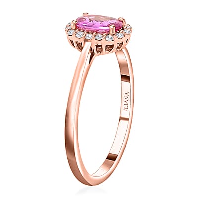 Iliana AAA Madagascar Pink Sapphire and G-H SI Diamond 1.20 ctw Halo Ring, 18K Rose Gold Ring, Diamond Accent Ring, Wedding Ring For Her, Gold Gifts (Size 10.0)