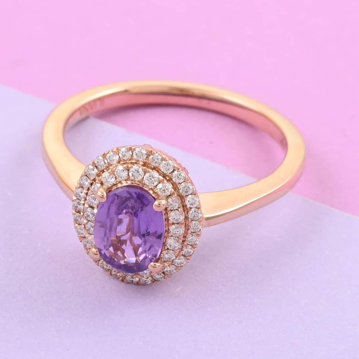 Iliana 18K Rose Gold AAA Purple Sapphire and G-H SI Diamond Double Halo Ring (Size 8.0) 1.00 ctw image number 1