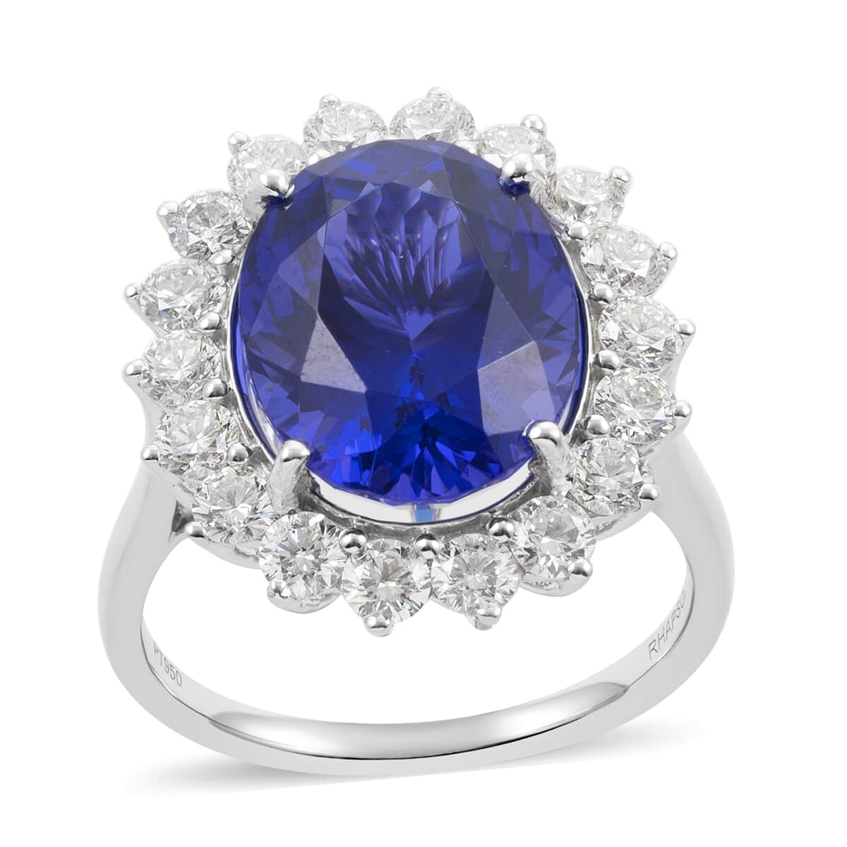 DOORBUSTER RHAPSODY 950 Platinum AAAA Tanzanite and Diamond E-F VS Oval Shape Halo Ring 8 Grams 11.75 ctw image number 0