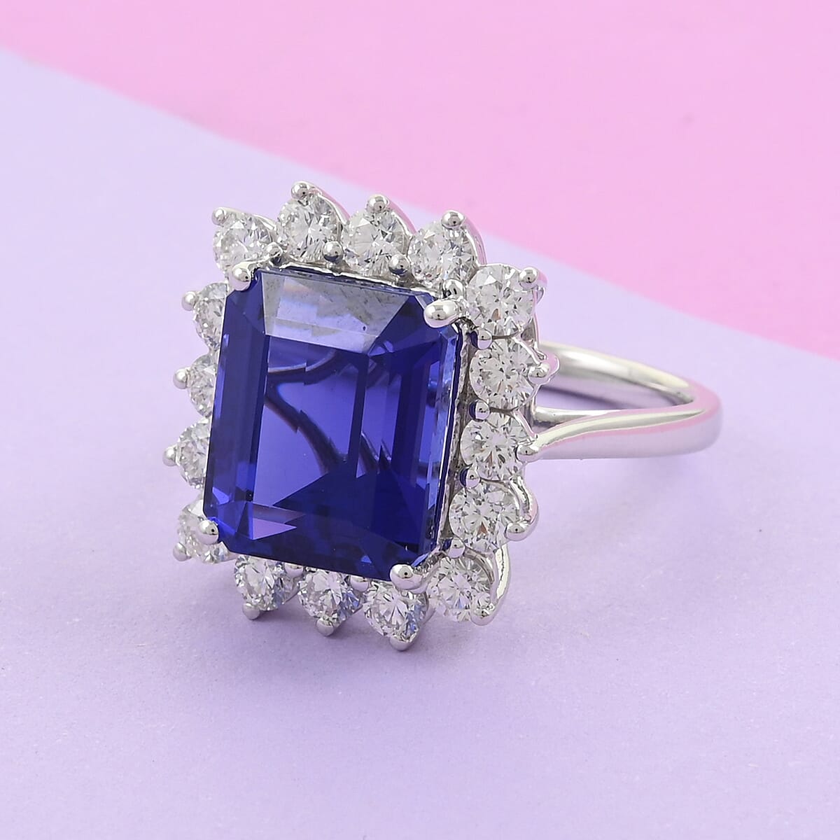 DOORBUSTER RHAPSODY 950 Platinum AAAA Tanzanite and Diamond E-F VS Halo Ring 9 Grams 10.90 ctw image number 1