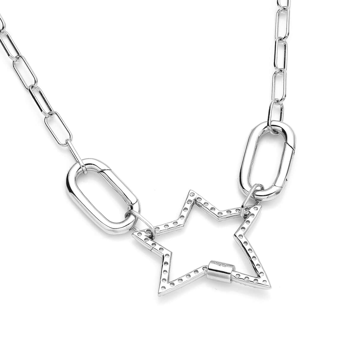 Star Shape Multi Charm Enhancer Customizable Paper Clip Necklace (18 Inches), with Simulated Diamonds in Rhodium Over Sterling Silver 1.00 ctw image number 3