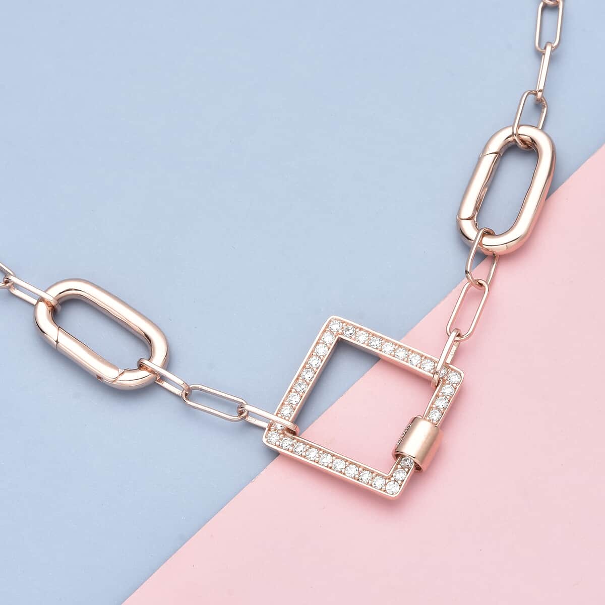 Diamond Shape Multi Charm Enhancer Paper Clip Necklace 18In with Simulated Diamond in 14K RG Over Sterling Silver 7.85g 0.80 ctw image number 1