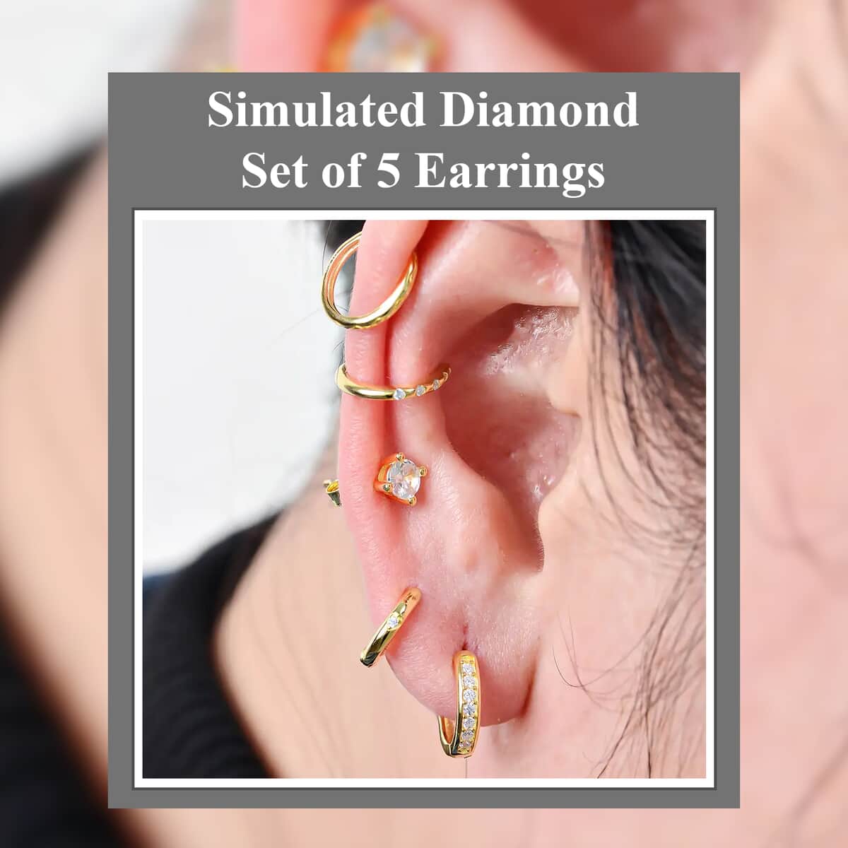 Ear Party, Set of 5 Simulated Diamond Earring Pairs, 1 Studded & 1 Heart Studded Huggie Hoops, 1 Studded Ear Cuffs, 1 Tribal Pattern Ear Cuffs, 1 Stud Earrings in Rhodium Over Sterling Silver 1.70 ctw image number 2