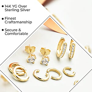 Set of 5 Simulated Diamond 1.70 ctw Earrings, Heart Huggies, Ear Cuffs, Stud Earrings for Women in 14K YG Over Sterling Silver