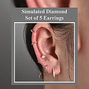 Set of 5 Simulated Diamond 1.70 ctw Earrings, Heart Huggies, Tribal Ear Cuffs, Stud Earrings for Women in 14K RG Over Sterling Silver