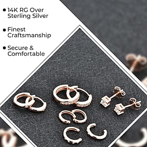 Set of 5 Simulated Diamond 1.70 ctw Earrings, Heart Huggies, Tribal Ear Cuffs, Stud Earrings for Women in 14K RG Over Sterling Silver