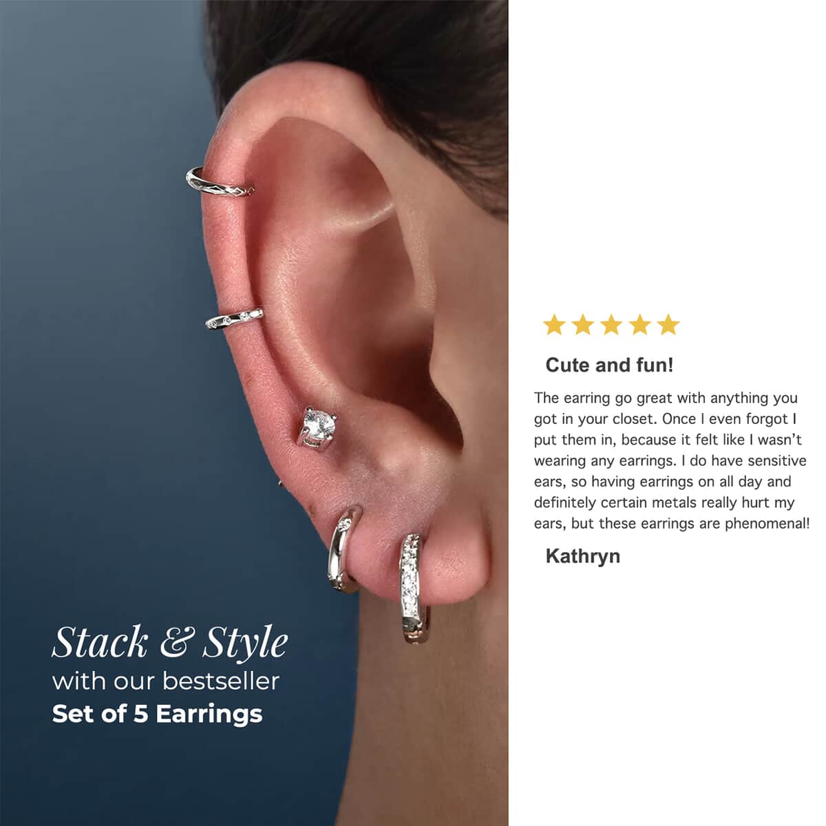 Set of 5 Simulated Diamond 1.70 ctw Earrings, Heart Huggies, Tribal Ear Cuffs, Stud Earrings for Women in 14K RG Over Sterling Silver image number 6