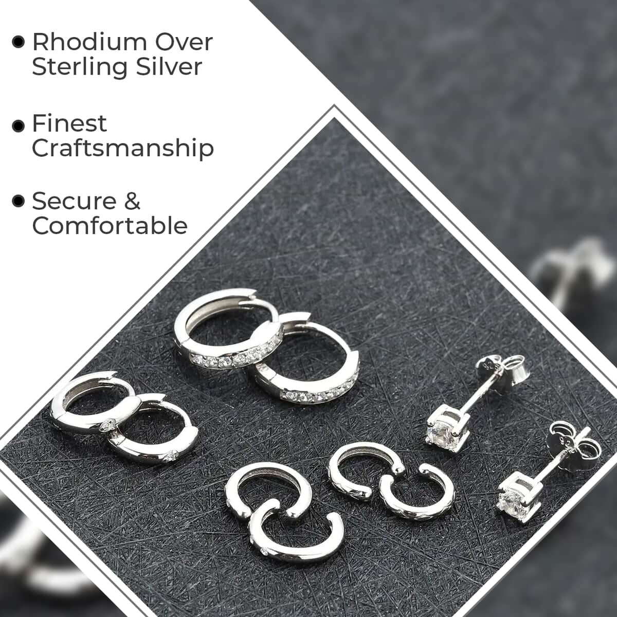 Set of 5 Simulated Diamond 1.70 ctw Earrings, Heart Huggies, Tribal Ear Cuffs, Stud Earrings for Women in Rhodium Over Sterling Silver image number 3