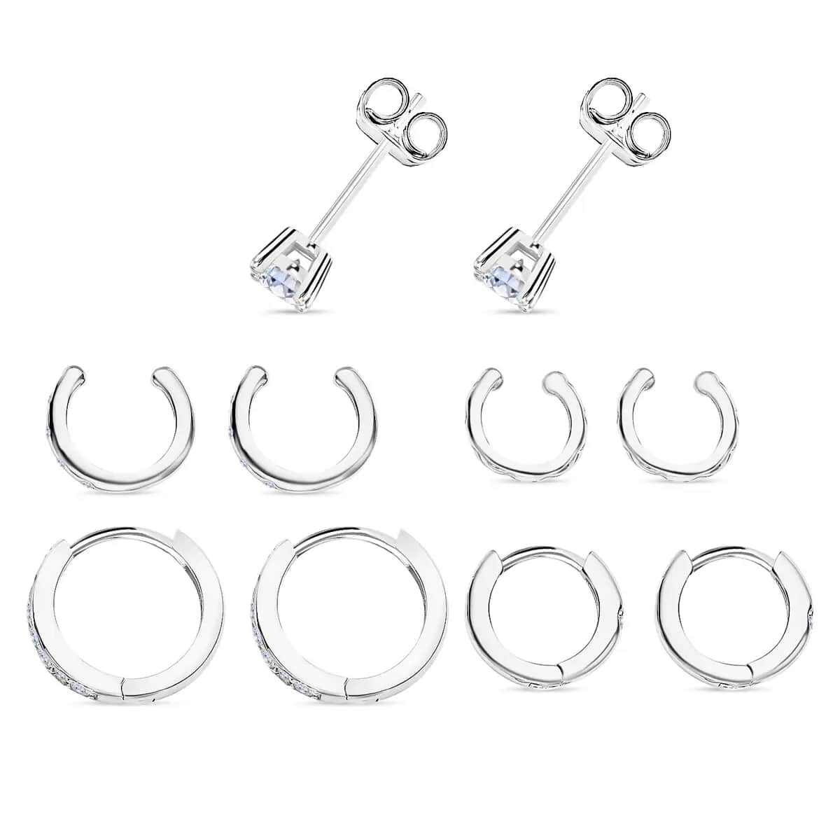 Set of 5 Simulated Diamond 1.70 ctw Earrings, Heart Huggies, Tribal Ear Cuffs, Stud Earrings for Women in Rhodium Over Sterling Silver image number 4